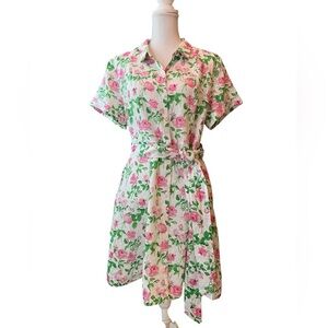 Hill House White, Pink and Green Floral Linen Midi Dress Size Medium